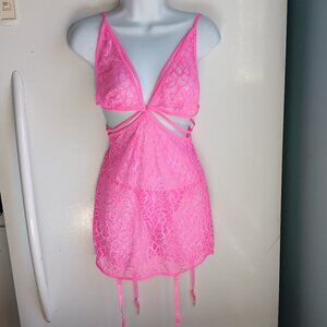 Dream Girl Hot Pink‎ Garter/Slip with Thong Panty Never Worn Display  Sz Med